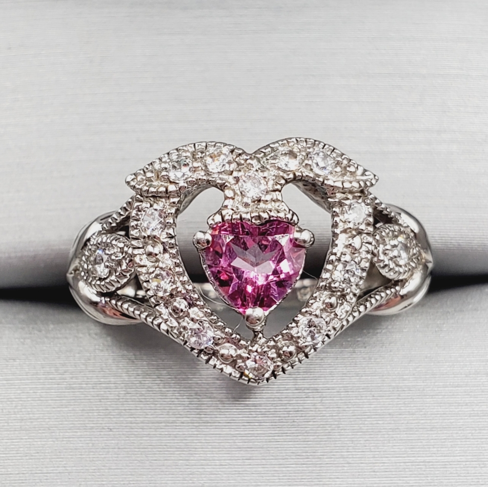 Genuine Pink & White Topaz 925 Sterling Silver Heart Ring
